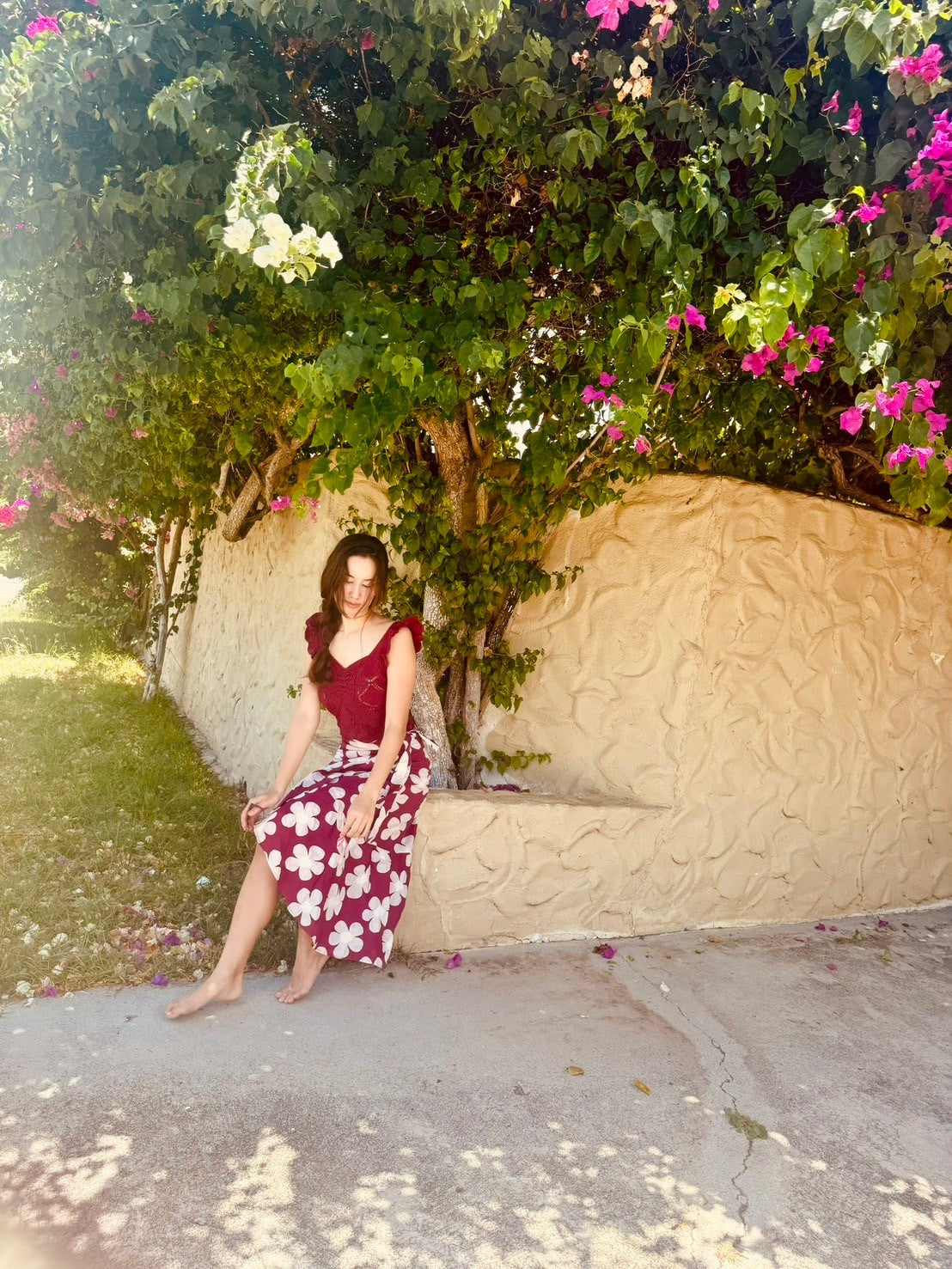 Burgundy Cami Top and Floral Wrap Skirt