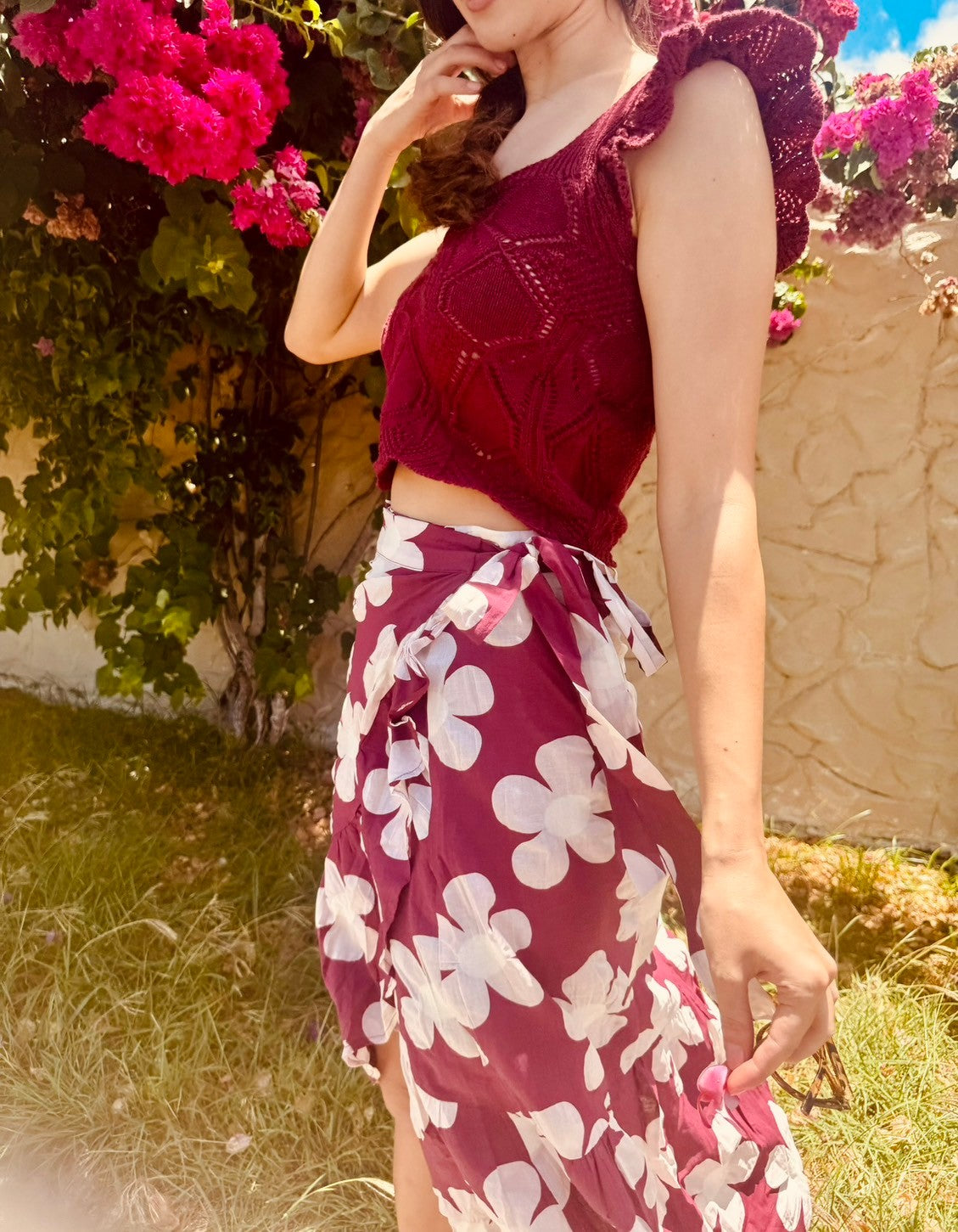 Burgundy Cami Top and Floral Wrap Skirt