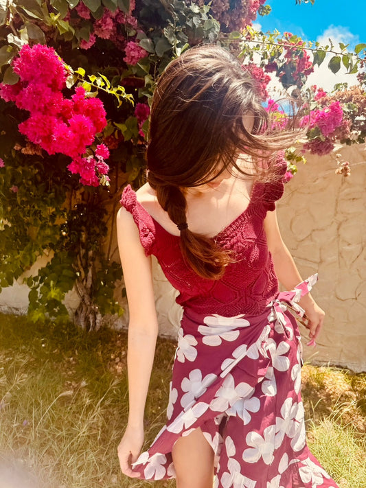 Burgundy Cami Top and Floral Wrap Skirt